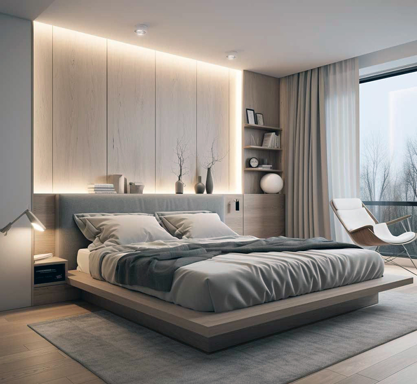 Enterijer spavaće sobe orijentisan ka velikom prozoru i lepoj vizuri