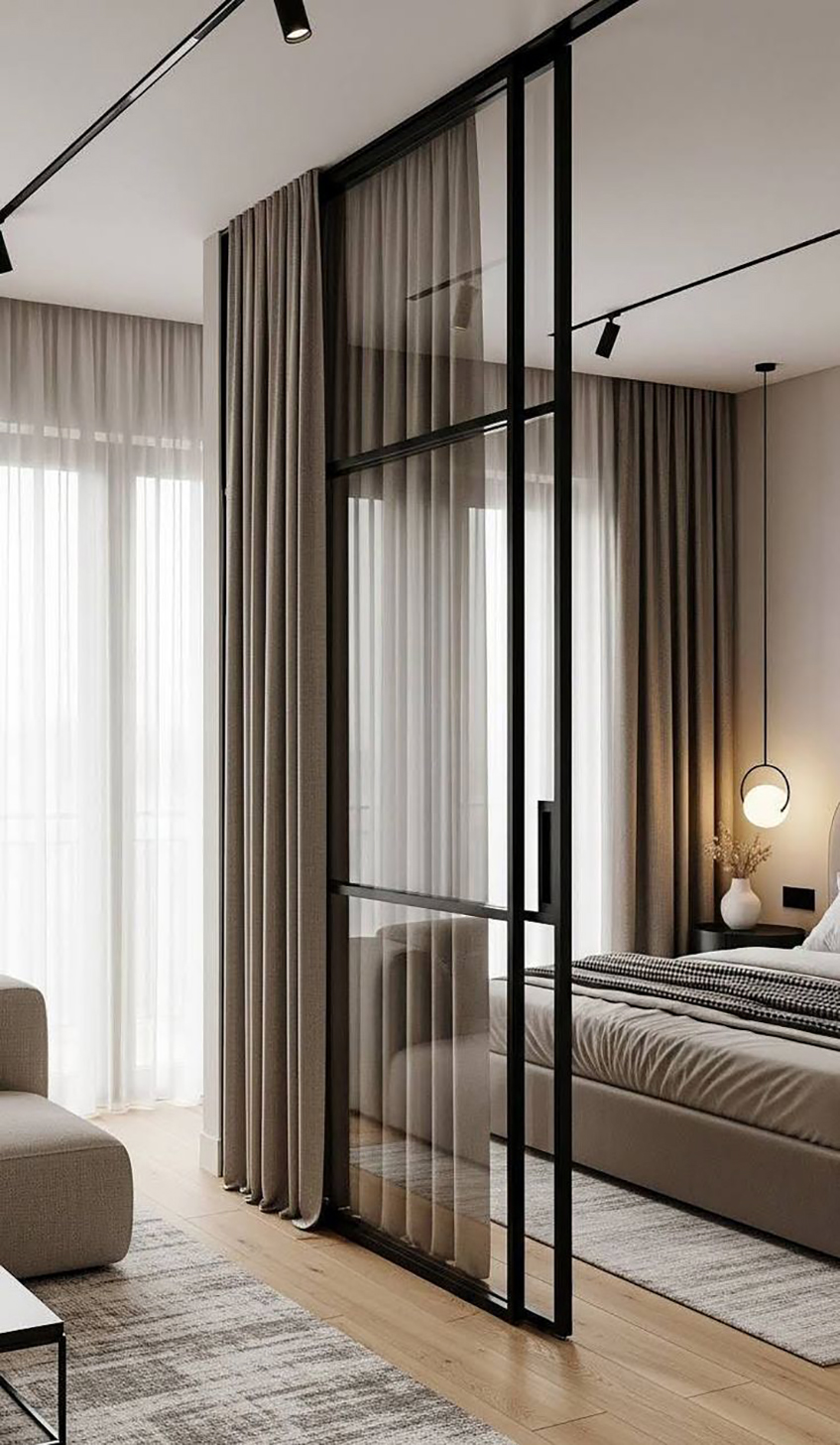 Staklena vrata koja razdvajaju spavaču sobu od dnevnog boravka