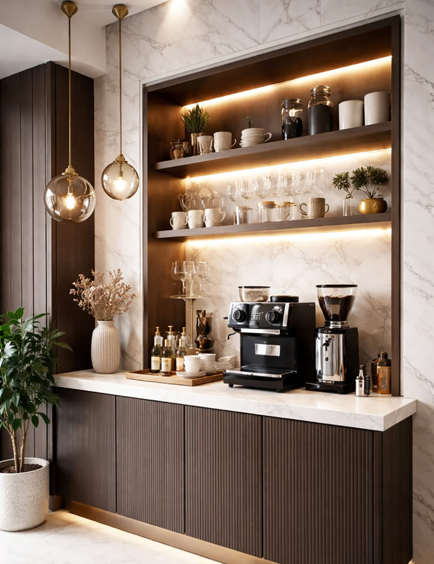Izdvojeni kutak u enterijeru kuhinje za pravljenje kafe